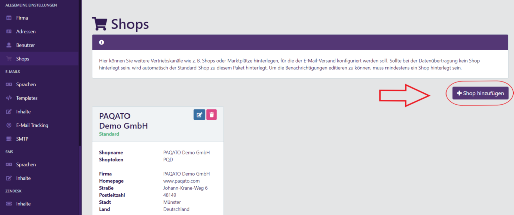Screenshot von "Shop hinzufügen" Button - PAQATO