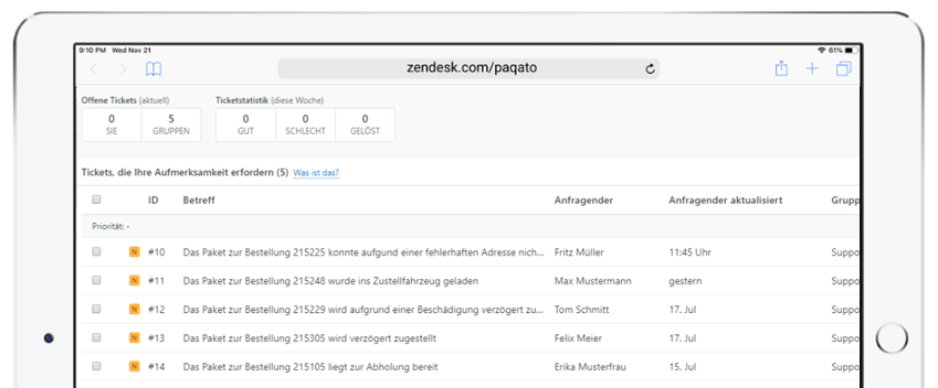 Ansicht Zendesk Ticketsystem